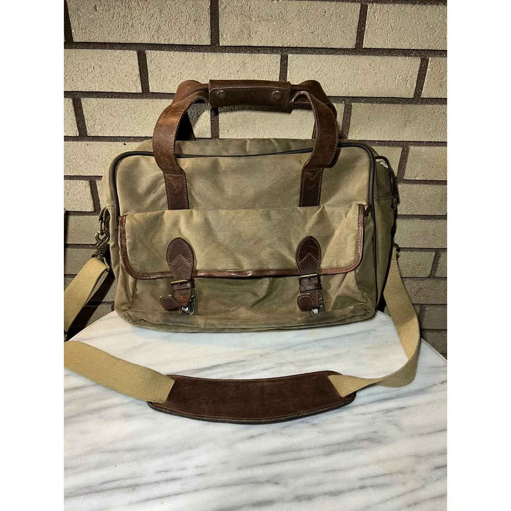 Schlesinger Messenger Laptop Bag VTG Waxed Canvas Briefcase Leather Trim Olive
